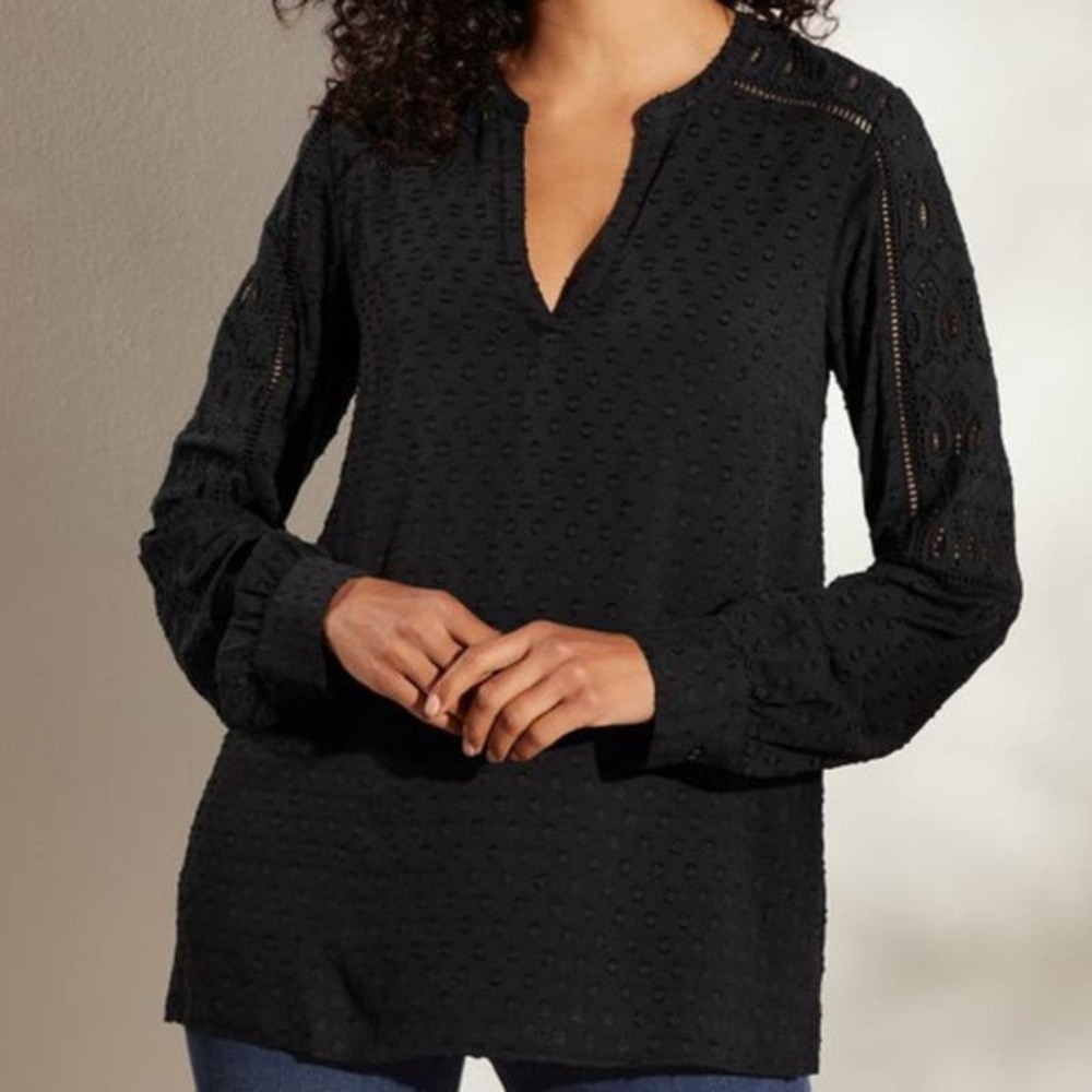 Soft Surroundings Harcourt Textured V Neck Boho Blouse Black Size Large